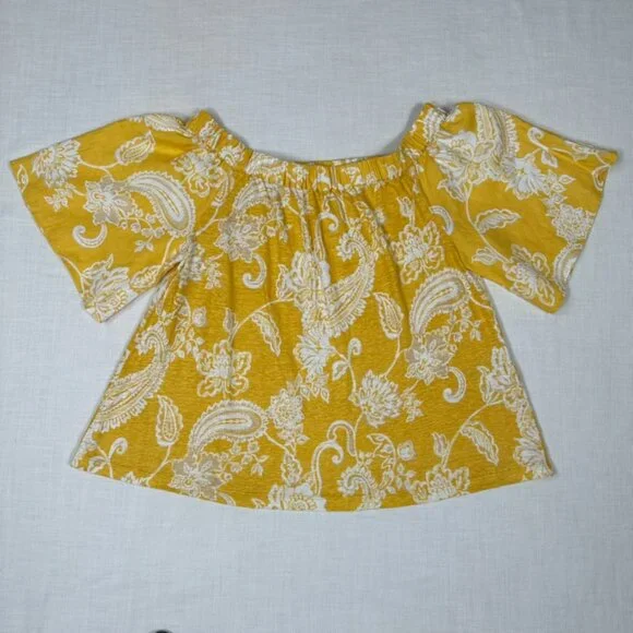 Chicos Off Shoulder Floral Paisley Linen Top Size Small Yellow Tropical Resort - Picture 4 of 6